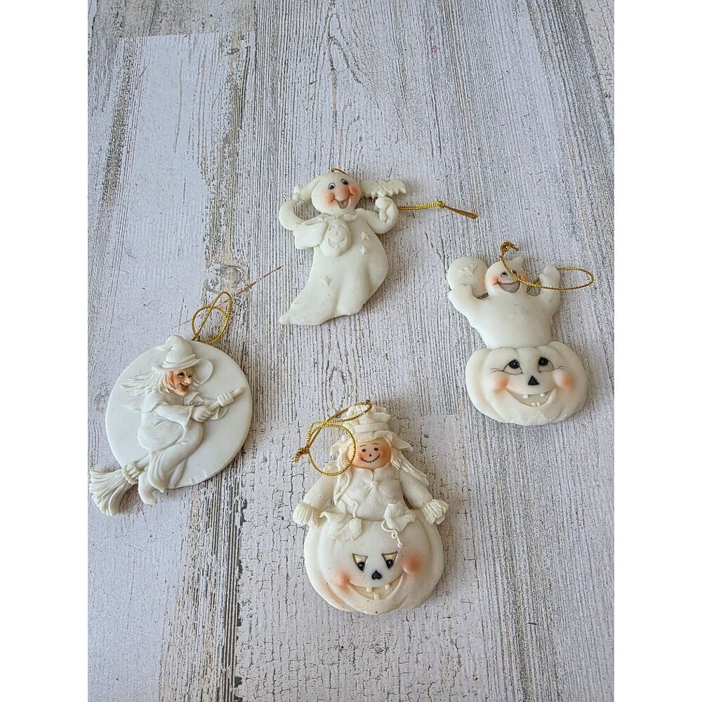 Vintage Halloween ornament witch pumpkin ghost scarecrow tree White unique